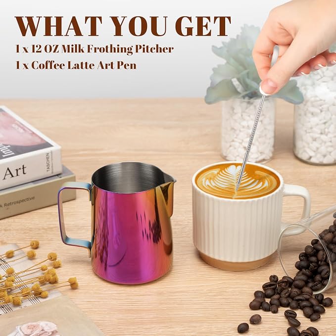Amrules Milk Frothing Pitcher, 12 oz Milk Frother Cup with Clear Scale, 304 Stainless Steel Cappuccino Espresso Machine Accessories for Barista Coffee Bar with Latte Art Pen, Multipurple
