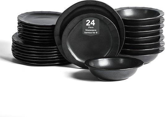 Stone Lain Oasis 24-Piece Dinnerware Set Stoneware, Dishwasher and Microwave Safe Plates and Bowls Set, Dish Set for 8, Black