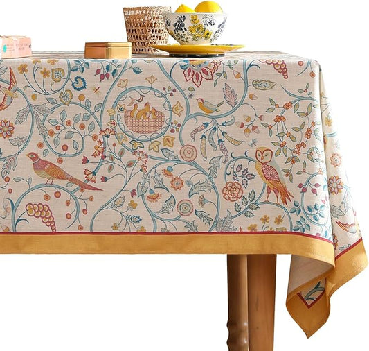 patdrea Designer Vintage French Rectangular Tablecloth,Floral Birds Pattern Linen Table Cloth,Fall Yellow Decor Table Cover for Kitchen Dining Banquet,Christmas,Thanksgiving,55"x79"-Magnolia