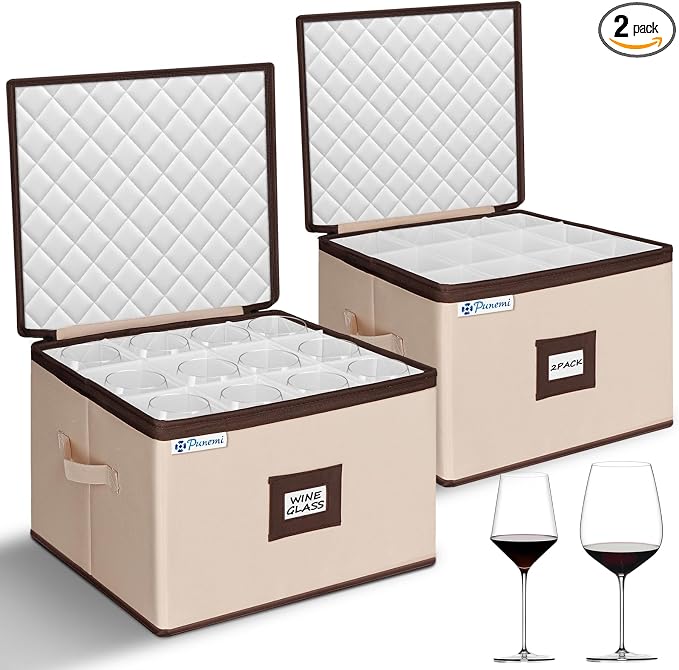 punemi Wine Glass Storage Box, 2-Pack Hard Shell Case with Padded Dividers | Hard shell support with dustproof lid and padded dividers, stackable for wine glasses, stemware and goblets, beige Set of 12