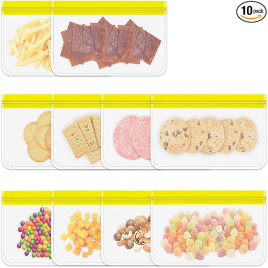 10 Pack Reusable Gallon Freezer Bags, Yellow | Dishwasher Safe Silicone Food Snack Storage Bags with 3 Sizes for Snack, Sandwich, Lunch