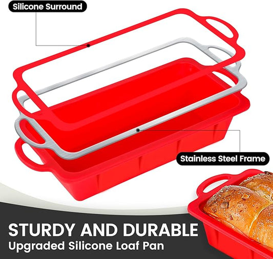 Vinino 2 Pack Silicone Bread Loaf Pan with Metal Reinforced Frame, 9.5 x 5 in Non-stick Silicone 1 lb Loaf Pan for Baking, Durable Bread Pan for Oven Dishwasher Safe - Red
