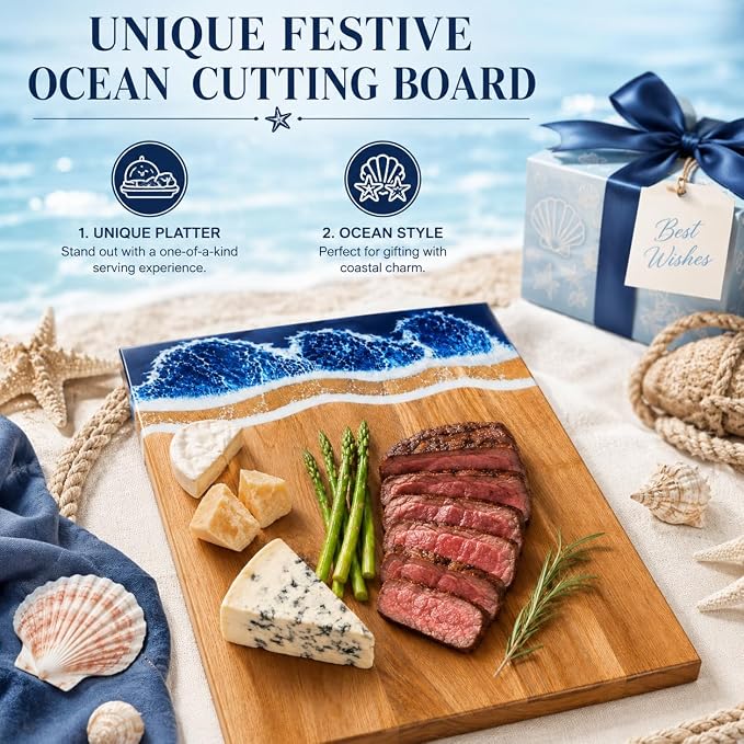 Ocean Resin Charcuterie Board, Handmade Acacia Wood Cutting Board, Decorative Serving Tray for Cheese Fruit Meat Vegetable, Stylish Kitchen Accessory, Ideal Housewarming Wedding Gift