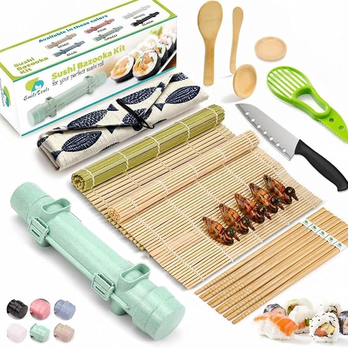 Sushi Making Kit, 22 in 1 Sushi Roller Sushi Maker Kit with Bamboo Sushi Rolling Mats, Bazooka, Chef's Knife, Chopsticks, Sauce Dishes, Rice Spreader, Avocado Slicer, Guide Book