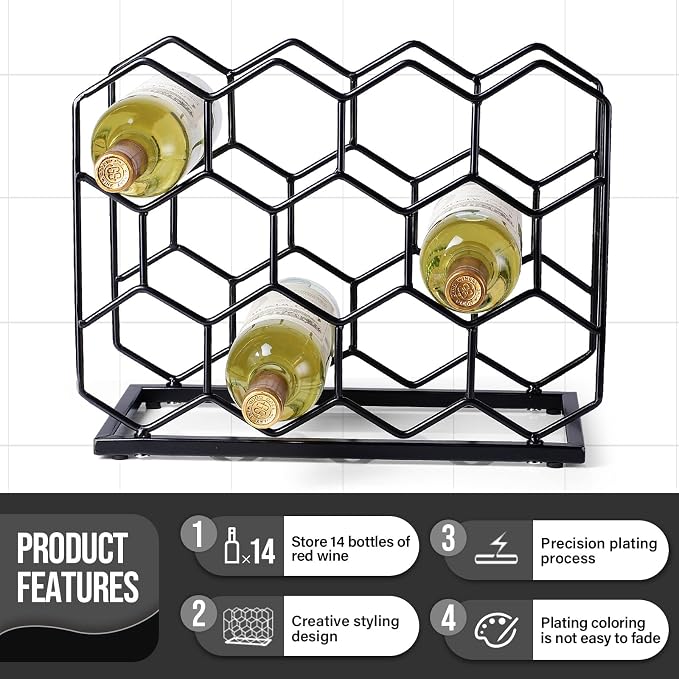 Countertop Wine Rack - 14 Bottle Freestanding Modern Gold Metal Small Wine Rack - Tabletop Wine Holder Stand for Cabinet, Pantry, Wine Bottle Storage