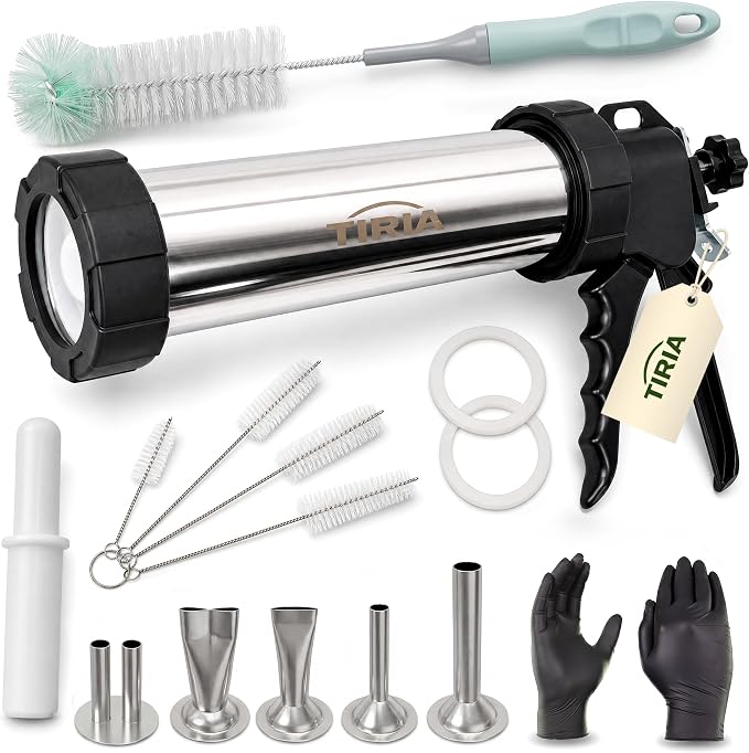 TIRIA Beef Jerky Gun Jerky Maker Sausage Stuffer Meat Stick Gun Cannon Kits | Stainless Steel Build, For Ground Meat, 5 Nozzles, 1 Meat Pusher, 5 Cleaning Brushes, Bonus Gloves, Great For Homemade Snacks
