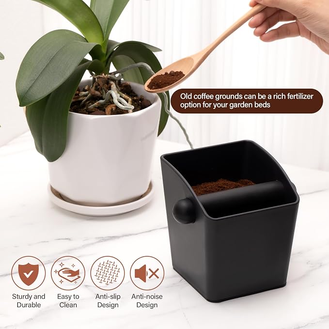 HOMEE Espresso Knock Box,Rectangular Coffee Knock Box with Large Capacity and Non-Slip Base, Grounds Container with Removable Bar,Espresso Accessories for Coffee Bar Kitchen Counter,Black