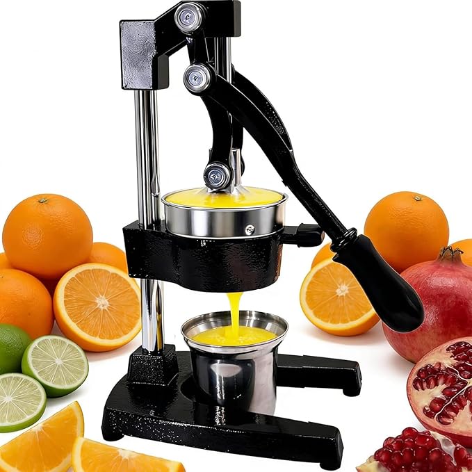 Manual Citrus Juicer, Cast Iron Lemon Squeezer for Orange Lime | Heavy Duty Commercial Grade Fruit Press, Rustic Hand Juicer Large Capacity Easy Clean, Black