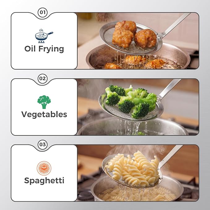 Hiware Stainless Steel Fat Skimmer Spoon - Fine Mesh Food Strainer for Grease, Gravy and Foam, Japanese Hot Pot Skimmer with Long Handle