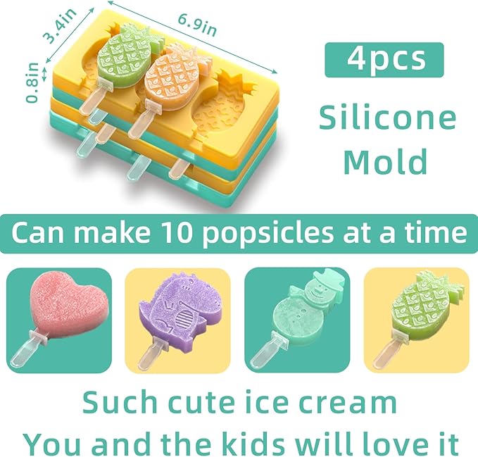 Kids Cartoon Popsicle Molds - 4 Pack, 10-Cavity Food-Grade Silicone Ice Pop Cream Molds, with Reusable Sticks, Non-Stick Flat Design, Easy Release, Stackable for Space Saving