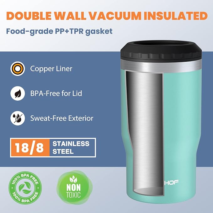 HAUSHOF 4-in-1 Insulated Can Cooler Fits 12oz Cans & Beer Bottle, Lake Blue | Double-Wall Vacuum Insulated, 18/8 Stainless Steel, BPA-Free Lid, Slim Can Cooler for Camping, Beach & Picnic