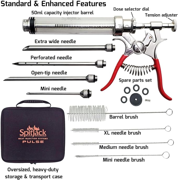 PULSE Meat Injector Gun, BBQ Meat Marinade Injector Kit for Brisket, Pork Shoulder, and Chicken, 50ml with 4 Stainless Steel Needles, Case and Guide