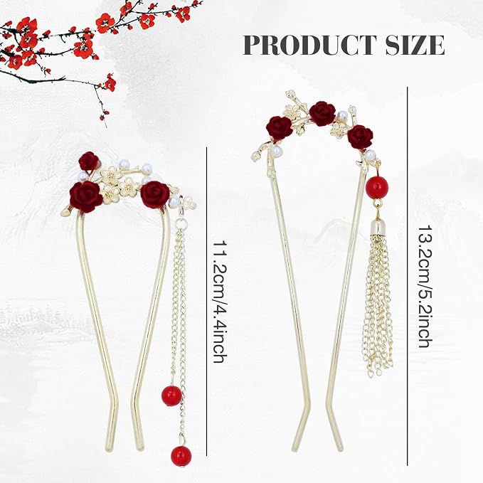 Lawie 10 Pack Cute Flower Butterfly U Shaped Gold Metal Hair Fork Pins Curved Chopsticks for Hair Sticks with Dangles French Hair Pins Bun Holder Decorative Hair Accessories for Women Girls (Red)