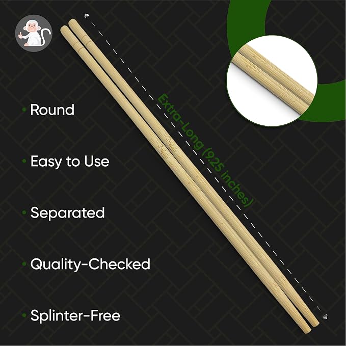 Albino Monkey [ 9.25" Long ] 200 Round Disposable Bamboo Chopsticks Bulk - Splinter-Free, Individually Wrapped, Hand-Packed Chop Sticks for Sushi, Noodles, Restaurants & Catering (100 Pairs)