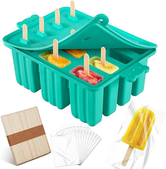Popsicles Molds Silicone, Bpa-free ice Pop Mold Food Grade Popsicle Maker With 50 Popsicle Sticks 50 Popsicle Bag For Kids Easy Cleanup (Blue, 12 Cavities)