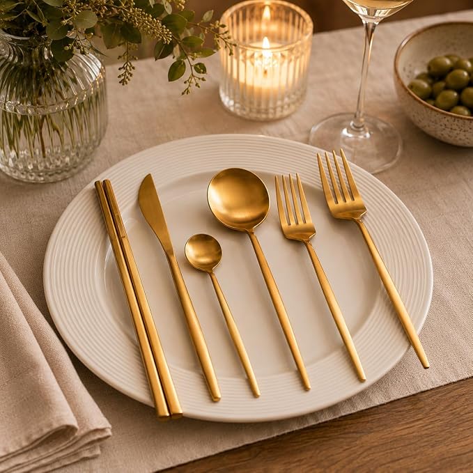 KiiZYs Matte Gold Silverware Set Cutlery Set - 14-piece 18/10 Stainless Steel Flatware Utensil Set - Korean Chopsticks Fork Spoon Knife - Reusable Dishwasher Safe - Gift Box (Gold, Service for 2)