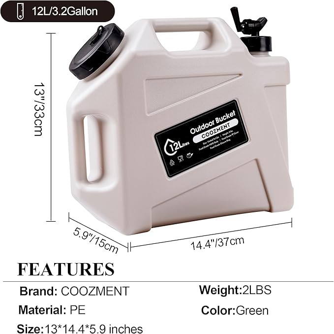 COOZMENT 3.2 Gallon/5 Gallon Water Containers with Spigot, BPA Free Water Jug, Military Green Water Tank, Multifunction Water Storage Containers for Camping Outdoor Hiking,Emergency Storage
