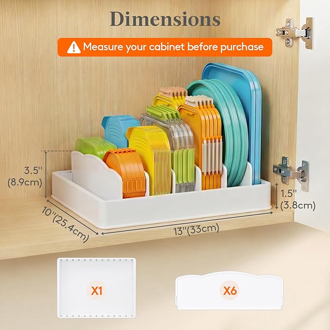 Lifewit Kitchen Cabinet Organizer for Food Contanier Lid with 7 Sections | Lid Holder with 6 Adjustable Dividers for Pantry Organizers and Storage, Home Drawer Organization, White, Large, 13" x 10"
