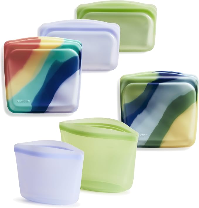 Stasher Premium Reusable Silicone Food Storage Bags, 6-Pack, Multicolor | Food-Safe Silicone, BPA-Free, Leak-Free, Eco-Friendly, Dishwasher, Lunch Bag, Travel Containers, Meal Prep, Lunch, Travel