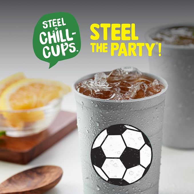 Steel Chill Cups 16 oz. Reusable Party Cups, Soccer, Green, 12 Count | Made in USA from Steel these durable cups chill fast & keep your drink cold for longer, 100% recyclable for sustainablity