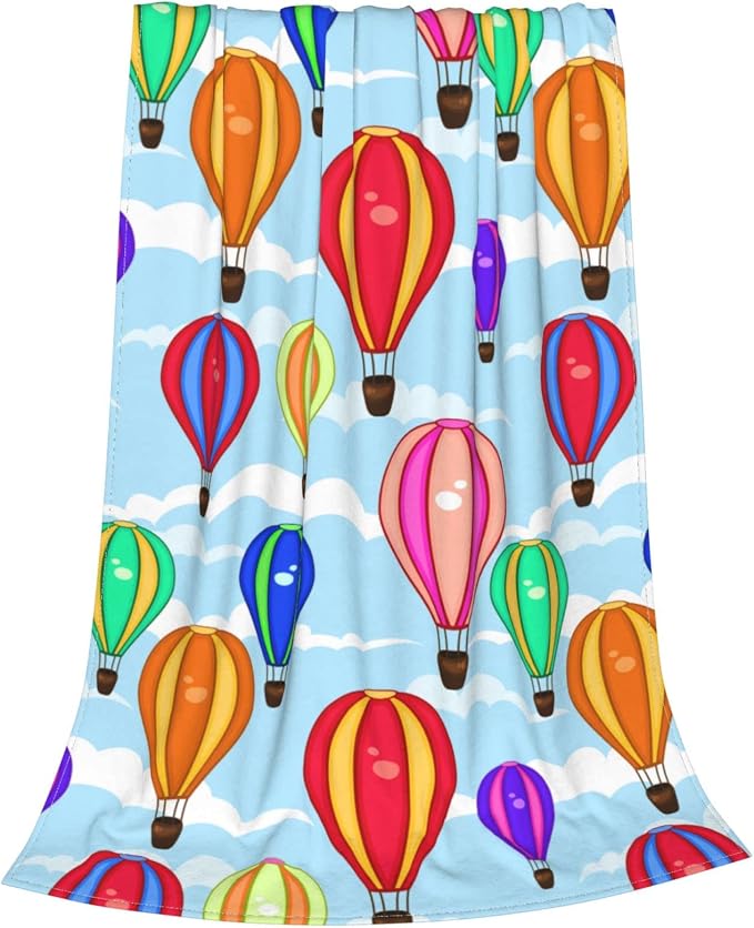Cartoon Hot Air Balloon Blanket 60"x80" - Ultra Soft Flannel Throw for Adults & Kids - Playful Cloud & Balloon Print - Lightweight Plush Blanket for Bed, Sofa & Home Decorations