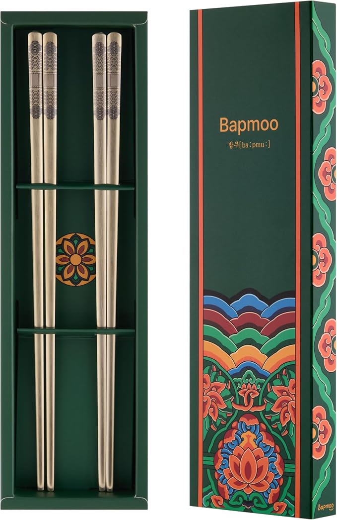 Korean Metal Chopsticks 2 Pairs, Matte Gold Stainless Steel Chopsticks with Two-Tone Dancheong Laser Engraving, Reusable Dishwasher Safe Gift Set
