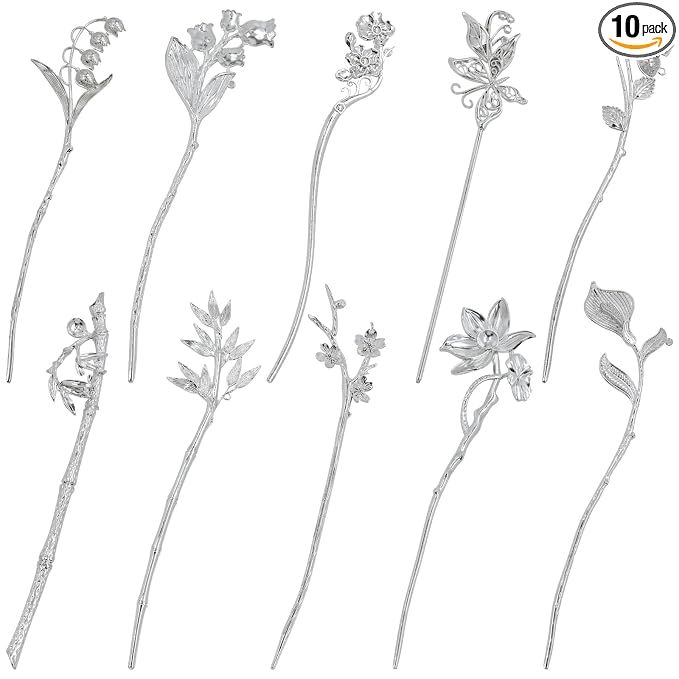 Lawie 10 Pack Silver Hair Sticks Flower Leaf Decorative Metal Long Hair Pins Bun Holders Chopsticks for Hair Chinese Hanfu Costume Retro Vintage Fancy Headpieces Accessories for Women Girls