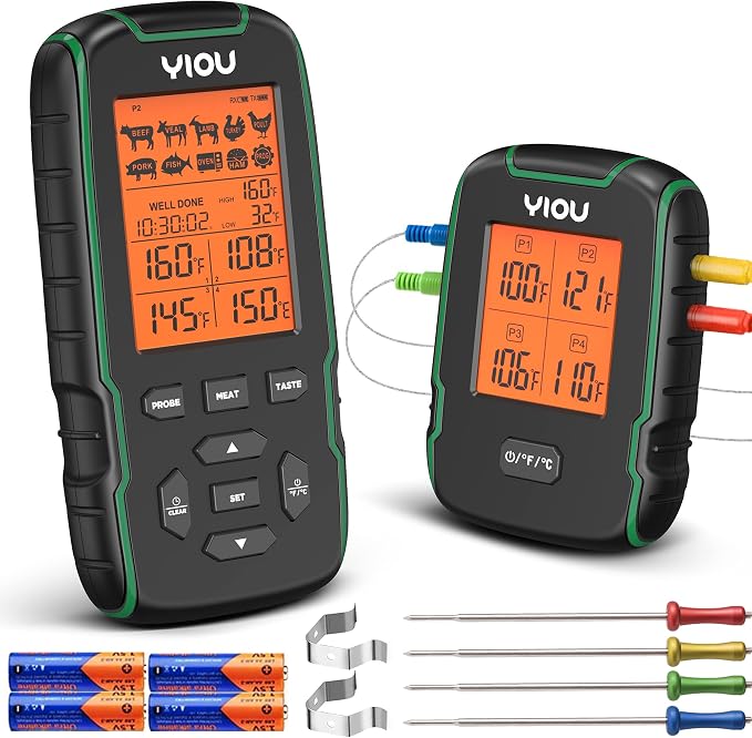 Wireless Meat Thermometer for Cooking, Digital Meat Thermometer with 4 Probes, 500FT Ultra Accurate & Fast Food Thermometer for Oven, Smoker, Green