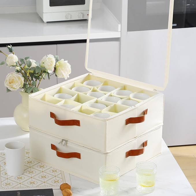 Foyego Cup and Mug Storage Box, Beige, 2 Pack | 32 Adjustable Dividers, Hard Shell, with Transparent Lid, 3 Handles, Zippers, Stackable Storage Organizers for Packing&Moving