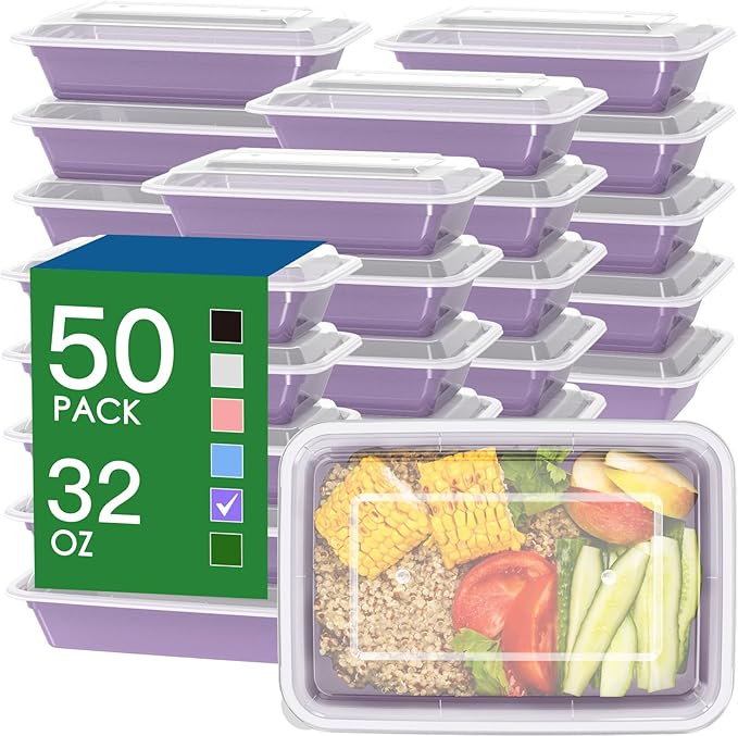 50 Pack (100-Piece) 32 oz Meal Prep Containers with Easy Open Lids, Lilac | Sturdy Leakproof & Food Safe, Microwave, Freezer, Dishwasher Safe Prep Containers, To Go Take Out Plastic Food Storage