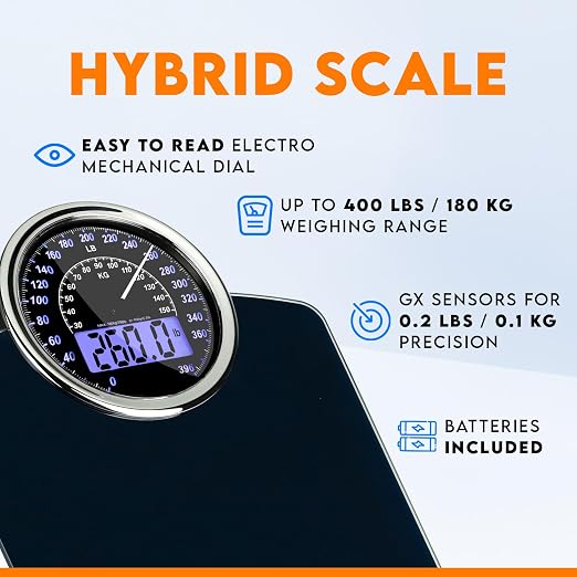 ZENO Hybrid 2-in-1 Analog & Digital Weighing Scale for Body Weight up to 400lbs - Thick Tempered Glass - Extra Large Display - Easy to Read Digital Bathroom Scale - New - Dark Blue