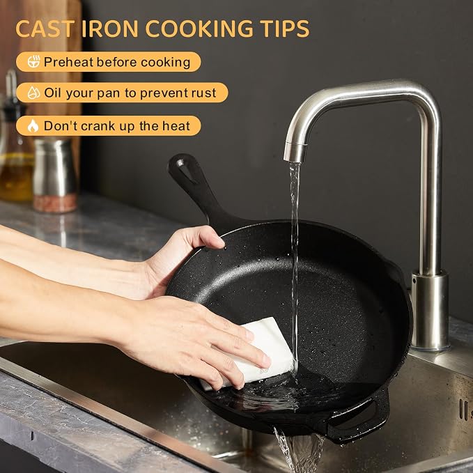 EWFEN Cast Iron Skillet 10 Inch, Pre-Seasoned Frying Pan, Heavy-Duty Professional Restaurant Chef Quality Cookware with Drip Spout, Indoor & Outdoor Use, Compatible with Oven, Stove, Grill & Campfire