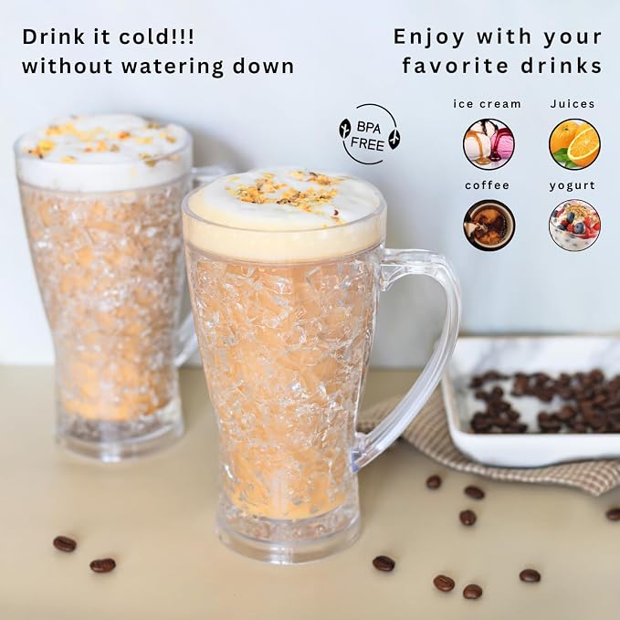 luxail Beer Mugs For Freezer, Double Wall Insulated Plastic Beer Glasses – Freezer Mugs, 15 oz – Perfect Frozen Beer Mugs for Home Bar Accessories, Gifts for Men, 2 Pack