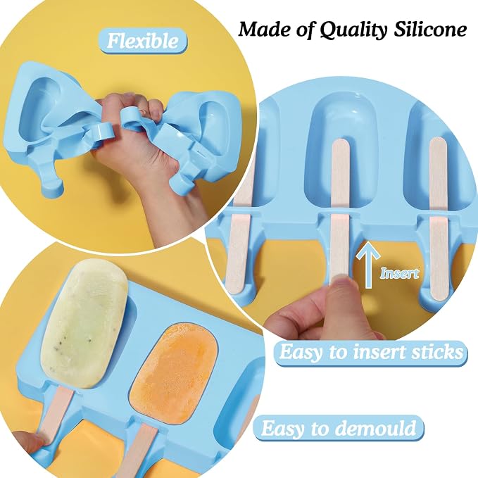 Ozera 2 Pack Silicone Popsicles Molds, Cake Pop Molds, Blue | Popsicles Molds Maker, with 50 Wooden Sticks & Bags, 4 Cavities Oval, Easy to Release