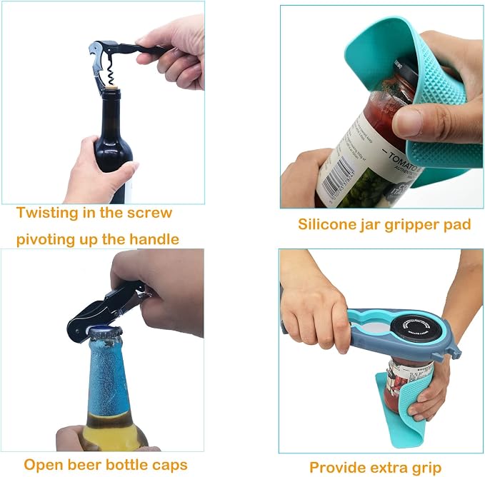 Otstar 6 in 1 Jar and Bottle Opener for Weak Hands, Seniors with Arthritis | Multi-use Lid Opener Set, Includes Non-slip Rubber Gripper Pad & Wine Opener, Comfortable Grip, Simple Twist-off Operation