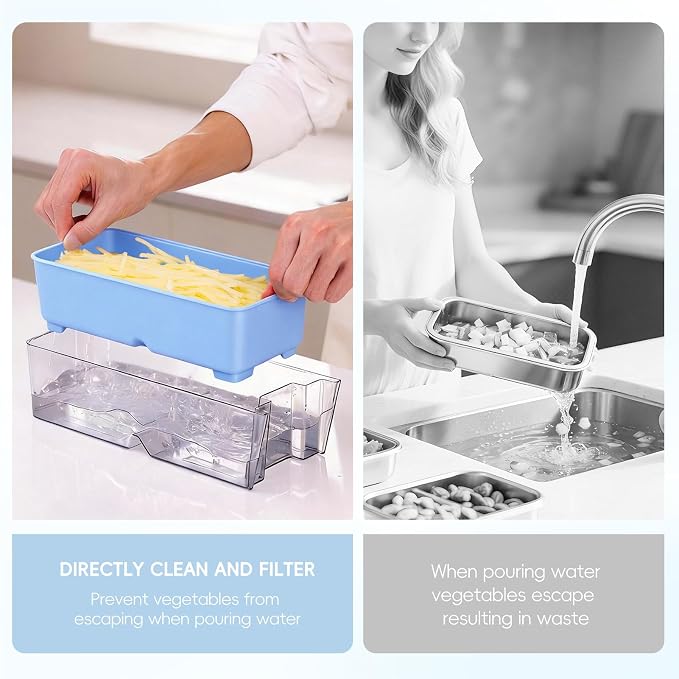 ONCE FOR ALL Safe Mandoline Slicer Pro, Food Slicer with Container, Blue | 4th Gen, 0.1-8mm Adjustable Kitchen Mandoline Slicer, Veggie Chopper Cutter For Potato Onion Fruit, Stainless Steel, Gift