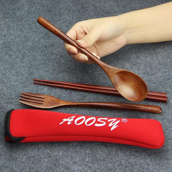Wooden Spoon and Fork Set,AOOSY 4 Pcs Portable Wooden Utensils for Eating | Reusable Travel Cutlery Set with Wood Fork, Spoon, Chopsticks,9Inches