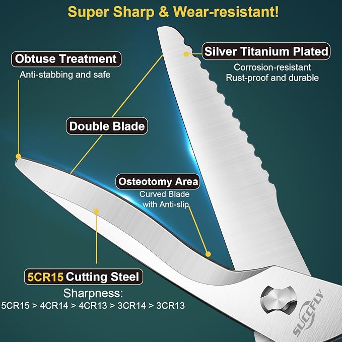 SUCCFLY Heavy Duty Kitchen Shears for Food, Titanium Plated Silver 8.8 Inch | Premium Kitchen Scissors, Ultra Sharp Detachable Blade, Ergonomic Steel Handle Meat Scissors, Poultry Shears Cooking Scissor