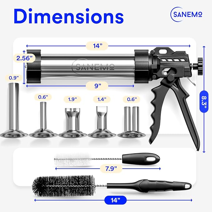 SANEMO Large Capacity Jerky Gun for Ground Meat - Easy to Use/Clean 1.5 LB Sausage Gun & Beef Jerky Maker Kit with 5 Stainless Steel Nozzles, 2 Cleaning Brushes, and 1 Mesh Bag for Easy Carrying.