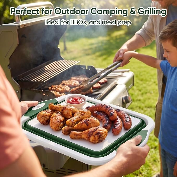 Collapsible BBQ Prep Tub with Lid, Foldable Camping Sink with Colander, Cutting Board, Dish Basin for Kitchen, Bowl, Vegetable and Fruit, Storage Basket for Picnic-Green