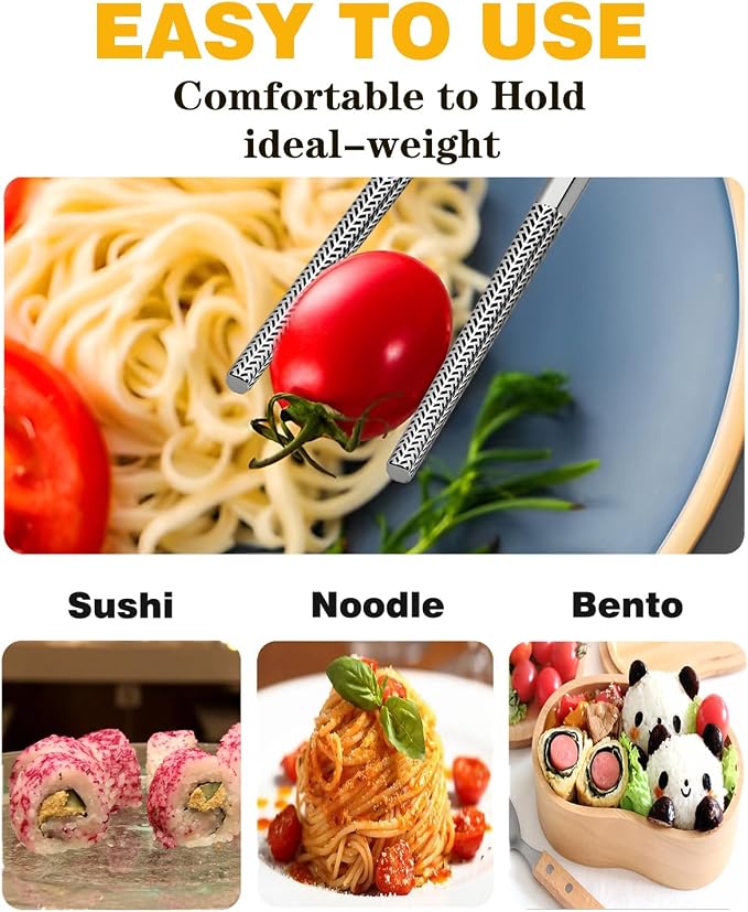 Metal Chopsticks Reusable 5 Pairs 18/8 Stainless Steel Chopsticks Mixed Set | Dishwasher Safe,Non-Slip Grip,Good for Beginners,Come in a Gift Box,SUS304 Resistant to Rust,Square,Chop Sticks Silver,9.25''