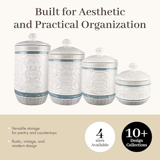 Young's Inc. 4 Pcs Set Casual Provincial Ceramic Canisters- Storage Container for Kitchen and Bathroom - Beautiful Home Decor Accent to Store Food, Coffee, Tea, and More - Green, White