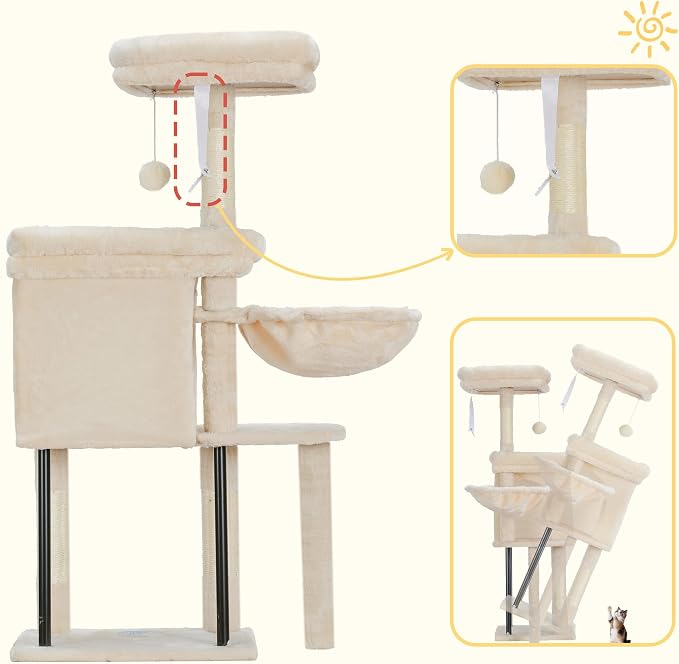 Hey-brother Cat Tree Tower, Scratching Posts with Cozy Condo, Padded Bed, Hammock, Plush Perch, Sisal Post and Ball for Indoor Kittens, 44.9 Inches, Beige MPJ009SM