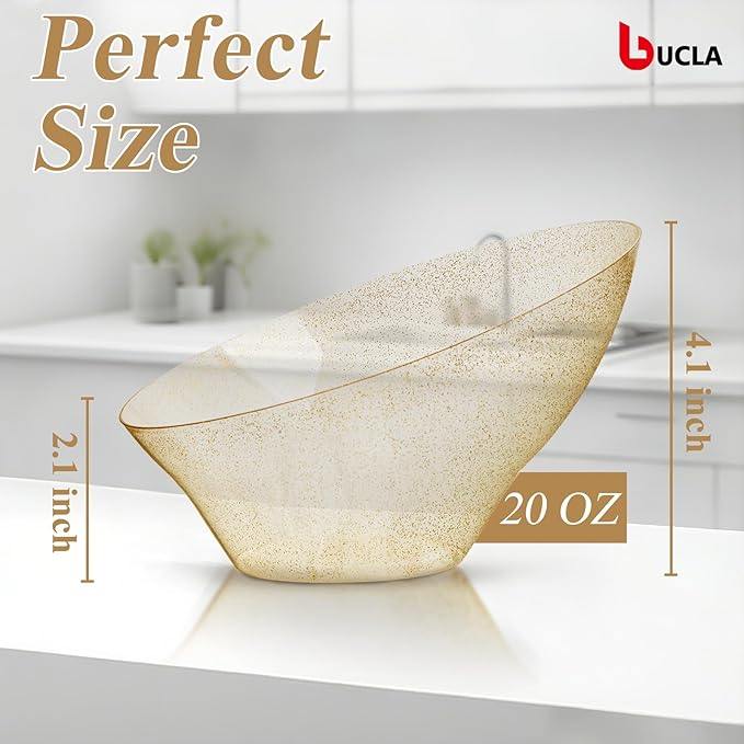 bUCLA 12 Pack Gold Glitter Plastic Serving Bowls - 20 OZ Disposable Snack, Fruit, Chip, Candy Angled Serving Bowls for Party & Thanksgiving