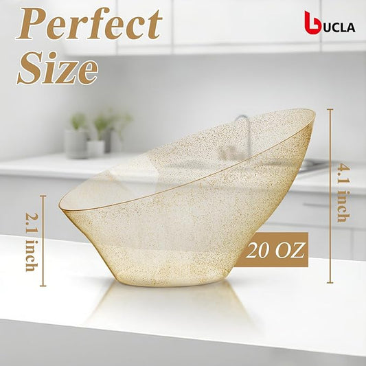 bUCLA 12 Pack Gold Glitter Plastic Serving Bowls - 20 OZ Disposable Snack, Fruit, Chip, Candy Angled Serving Bowls for Party & Thanksgiving