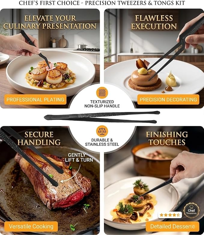 Cooking Tweezers, Chef's Tweezers Tongs, Universal for all kinds of cooking, steak, plating, pasta and many other scenarios (5pc Set)