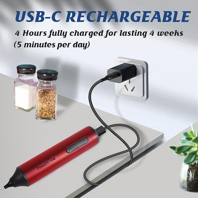 FoodVille MF05 Rechargeable Milk Frother USB Charging Handheld Foam Maker with Stainless Balloon Whisk for Cappuccino, Latte, Bulletproof Coffee, Keto Diet, Protein Powder, Matcha (Red)