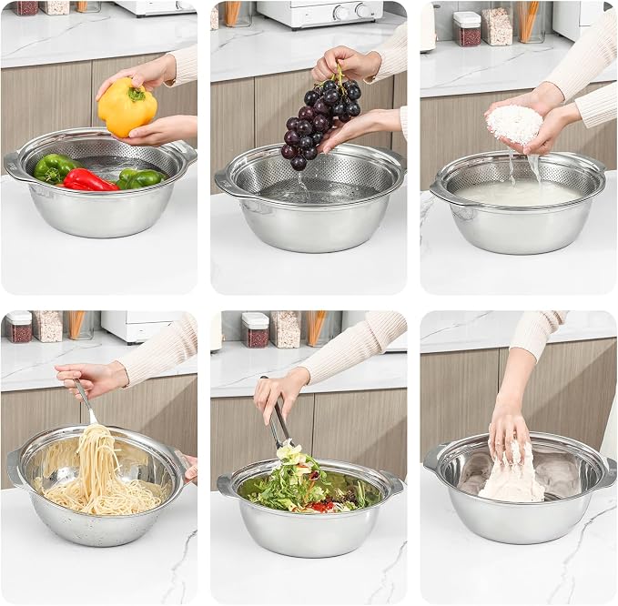 Paoli 304 Stainless Steel Fine Mesh Colander Set, 5QT Large Capacity Strainer with Mixing Bowl — Rinse Fruits, Veggies, Rice & Drain Pasta, Dishwasher Safe (2-Piece)