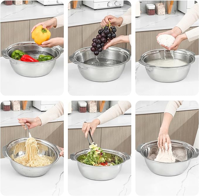 Paoli 304 Stainless Steel Fine Mesh Colander Set, 3.5QT Large Capacity Strainer with Mixing Bowl — Rinse Fruits, Veggies, Rice & Drain Pasta, Dishwasher Safe (2-Piece)