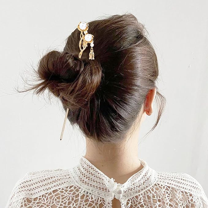 Cinaci 10 Pieces Decorative Vintage Retro Pearl Gold Metal Hair Sticks Pins with Pendants Chinese Hanfu Asian Flower Butterfly Hair Chopsticks Hair Bun Updo Holders Long Hairpins for Women Girls